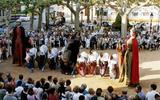 Els Cavallets, els Gegants i la Mulassa a la plaça del Firal. Festa Major 1999. Foto cedida per l'Ajuntament de Sant Feliu de Pallerols