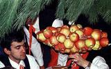 Quan el pi es penja de cap per avall a l’altar es guarneix amb neules i ramells de pomes - Festa del Pi 1996